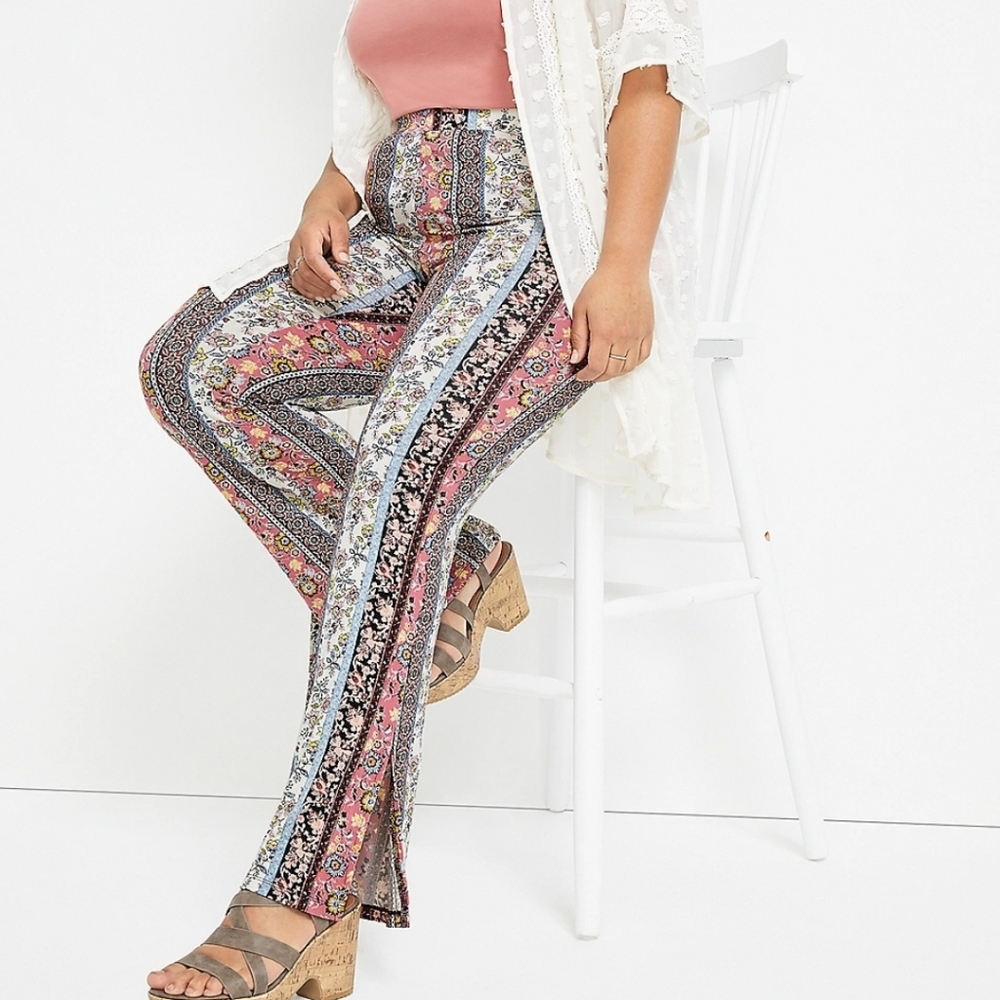 Plus Size High Rise Floral Knit Flare Pant - 2X long